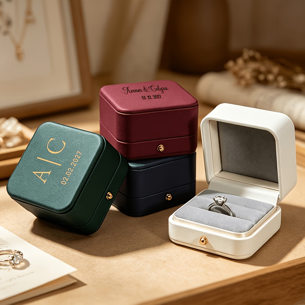 Personalized Retro PU Leather Ring Box, Custom Engagement Organizer